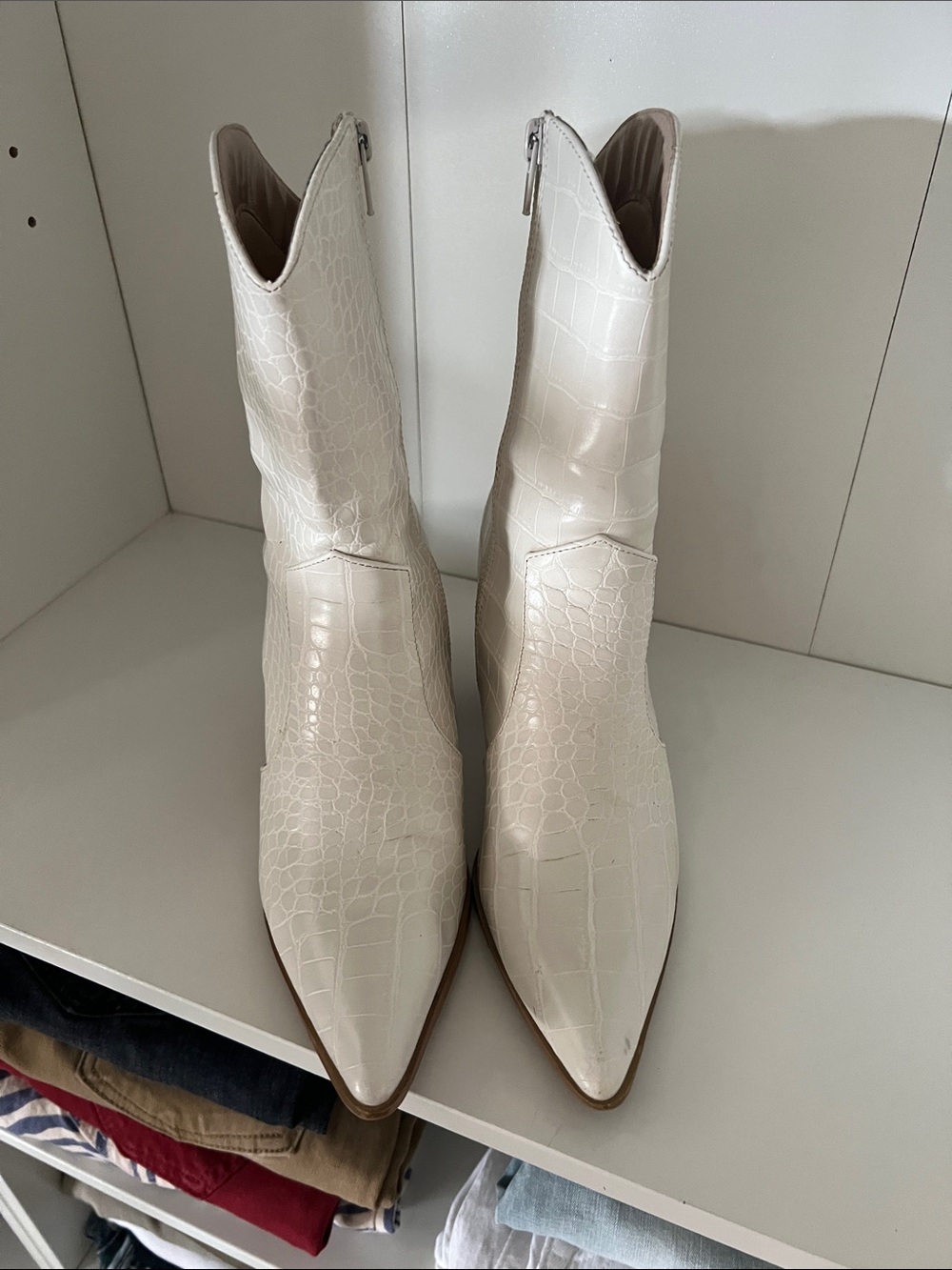 So Me Cream Croc-Embossed Pointed Toe Mid-Calf Boots